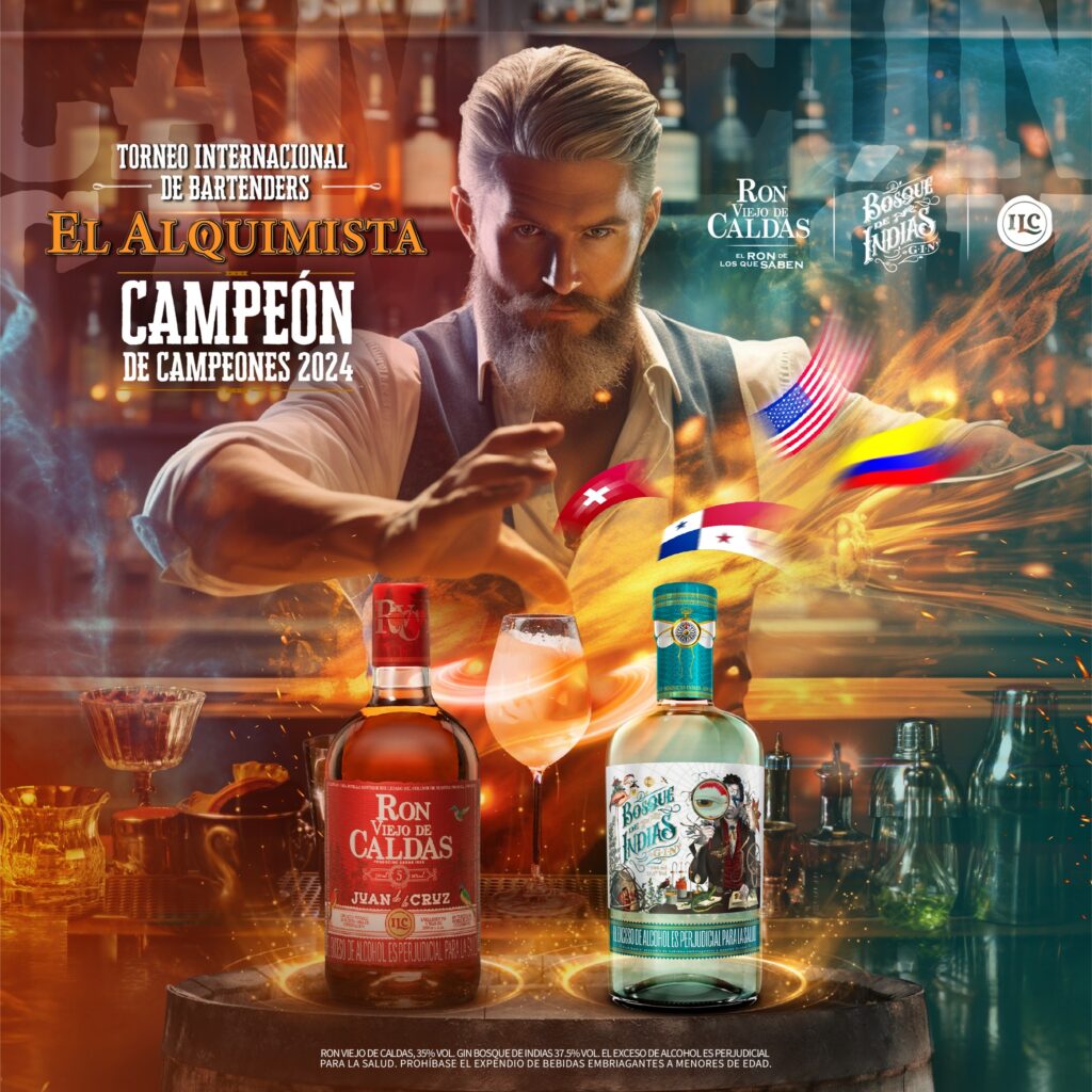 imagen de un bartender preparando cocteles donde se vislumbra magia color y unas botellas de licor en primer plano