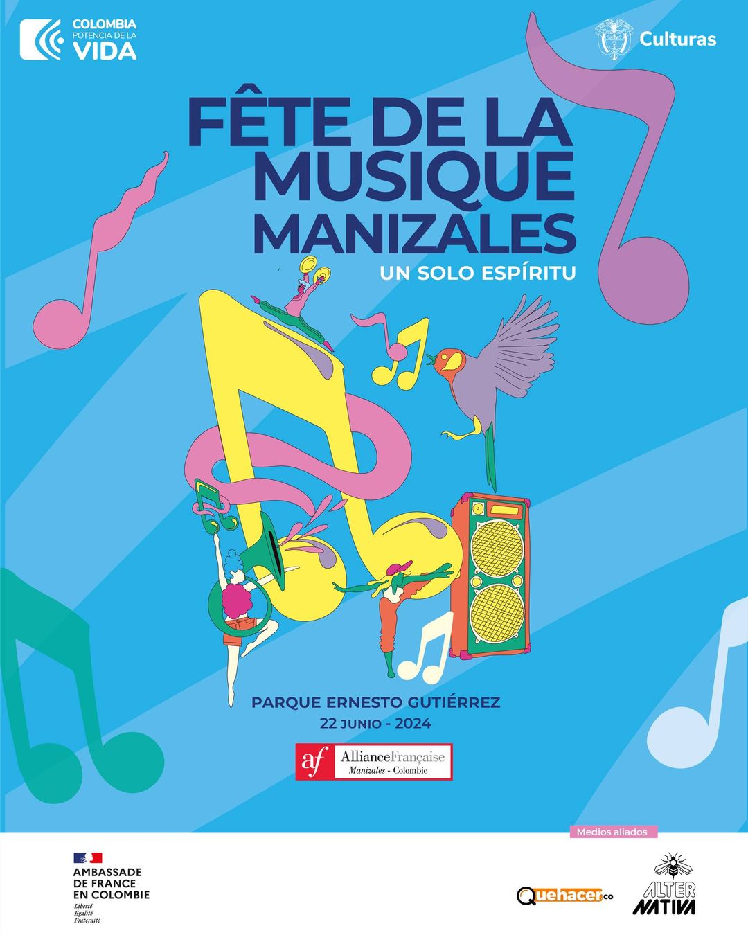 Afiche que la Alianza Francesa en Manizales promociona la fiesta de la música