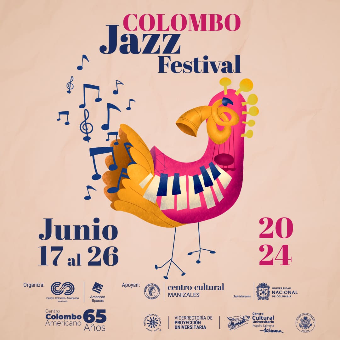 afiche que promociona festival de jazz y es una imagen de instrumentos de donde salen notas musicales