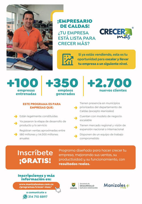 #CrecerMás, beneficia a empresarios de Caldas